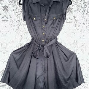 Black Button Down, Capped Sleeve, Tied Waist Dress